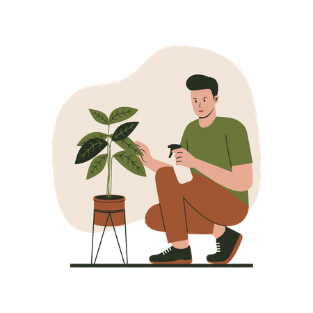 Hombre regar plantas en macetas  Ilustración
