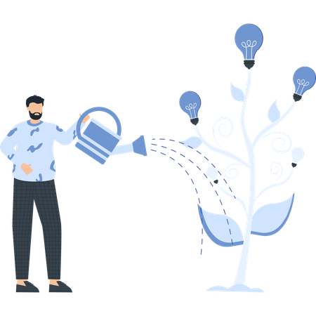 Hombre regando un árbol con bombillas con una regadera azul. Innovación.  Ilustración