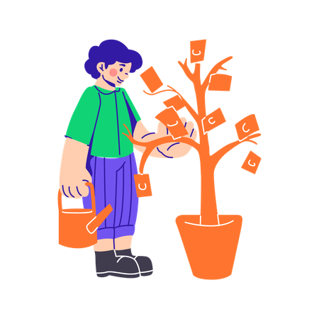 Hombre regando un árbol con dinero  Ilustración