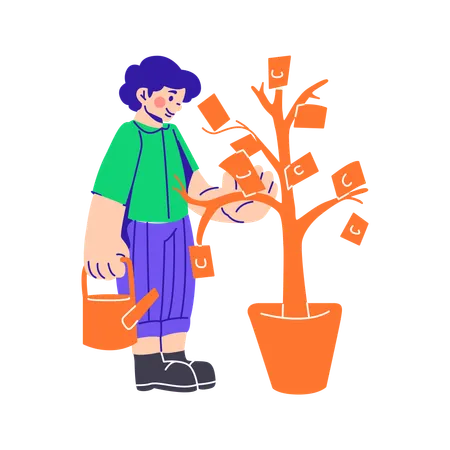 Hombre regando un árbol con dinero  Ilustración