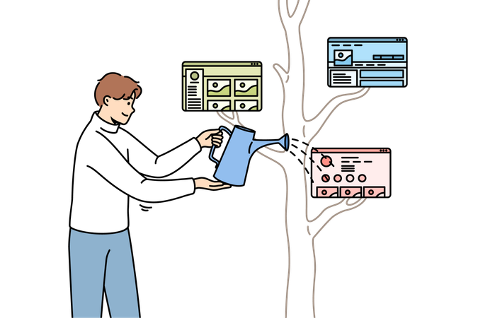Hombre regando un árbol con ventanas de tela en las ramas, involucrado en el desarrollo del ecosistema electrónico  Ilustración