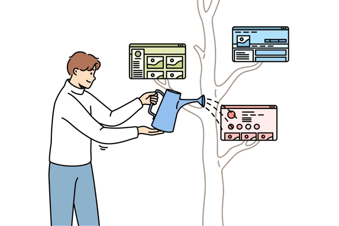 Hombre regando un árbol con ventanas de tela en las ramas, involucrado en el desarrollo del ecosistema electrónico  Ilustración