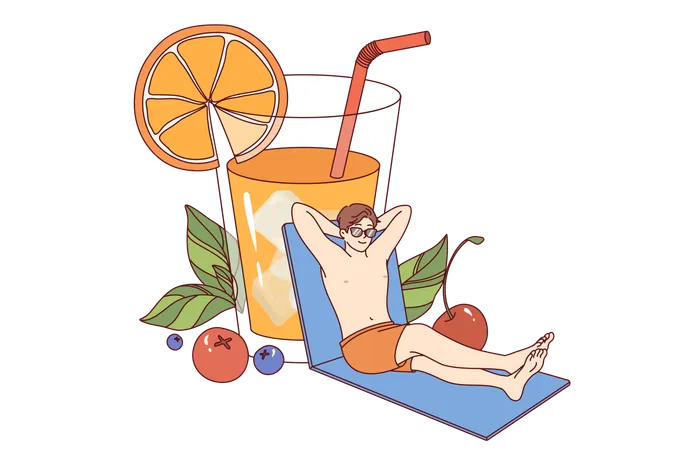 El hombre se relajó en la playa y bebe jugo de naranja de un vaso gigante disfrutando del clima soleado  Ilustración