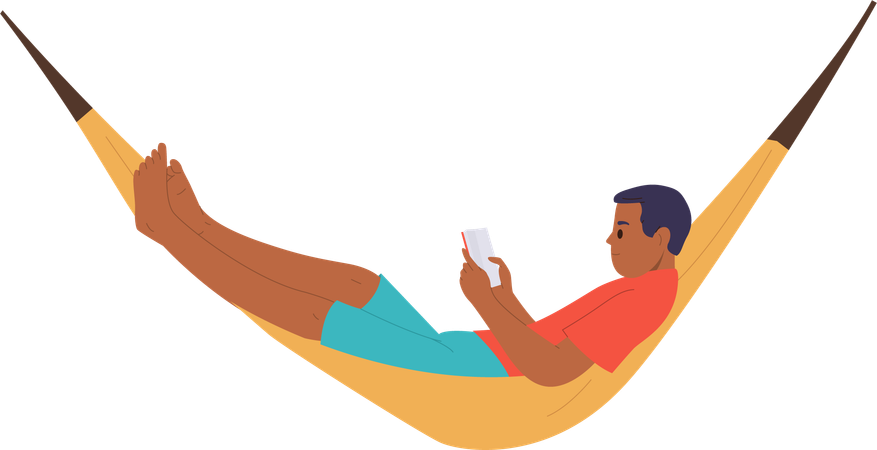 Hombre relajado leyendo un libro tumbado en una hamaca  Ilustración