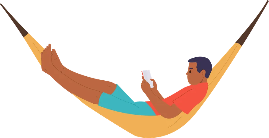 Hombre relajado leyendo un libro tumbado en una hamaca  Ilustración