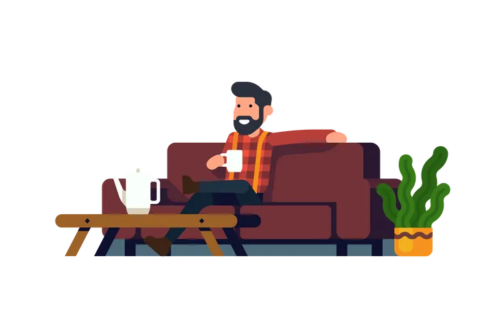 Hombre relajado sentado en el sofá sosteniendo una taza de café  Ilustración