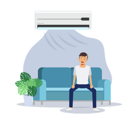 Hombre relajándose en el sofá bajo el aire acondicionado  Ilustración