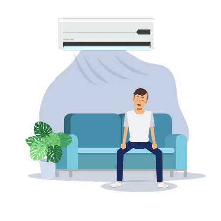 Aire Acondicionado En Casa Habitacion Con Refrigeracion Un Hombre Relajandose En El Sofa Bajo El Aire Acondicionado Fresco Frio Ilustración