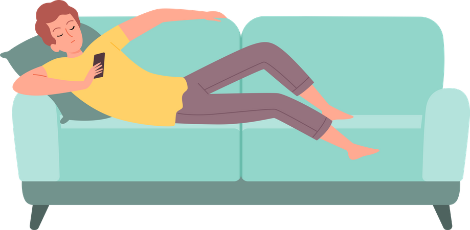 Hombre relajándose en el sofá y usando el móvil  Ilustración