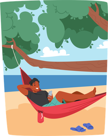 Hombre descansando en una hamaca en una playa tropical  Illustration