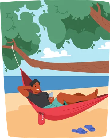 Hombre descansando en una hamaca en una playa tropical  Illustration