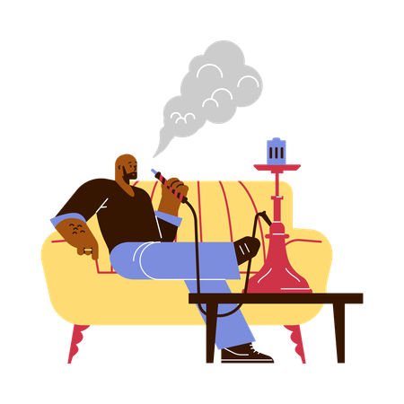 Hombre relajándose en un bar salón y fumando narguile  Ilustración