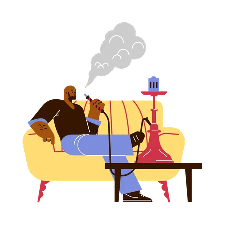 Hombre relajándose en un bar salón y fumando narguile  Ilustración