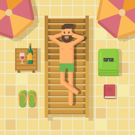 Hombre relajándose en una tumbona junto a la piscina  Ilustración