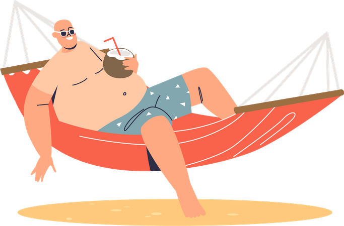 Hombre relajándose en una hamaca mientras bebe jugo de coco  Ilustración