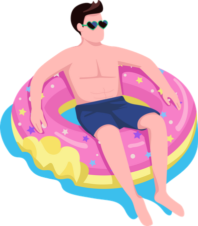 Hombre relajándose en un colchón de aire tipo donut  Ilustración