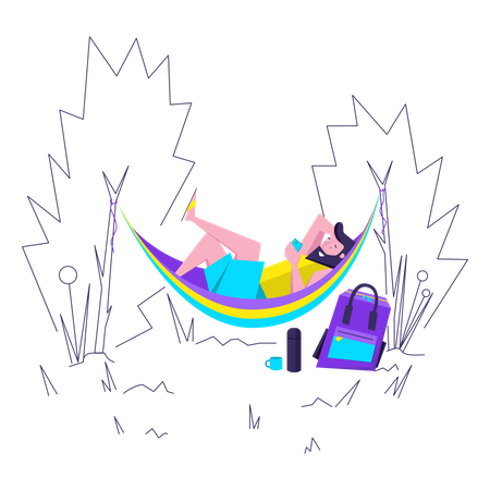 Hombre relajándose en una hamaca con un cóctel  Ilustración