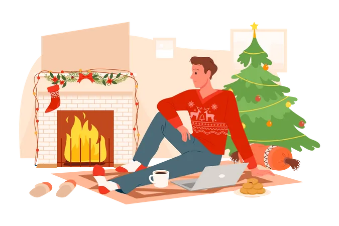 Hombre relajándose en vísperas de navidad  Ilustración