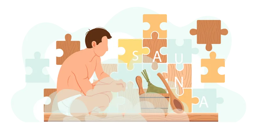 Hombre relajándose en la sauna  Ilustración