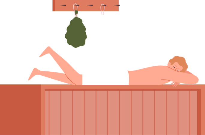 Hombre relajándose en la sauna  Ilustración