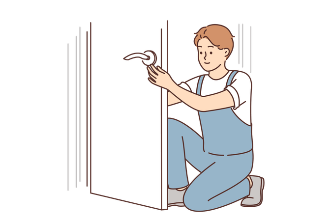 El hombre repara la puerta cambiando la cerradura  Ilustración