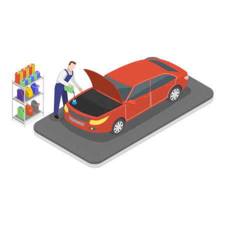 Hombre reparando un coche en un taller  Ilustración
