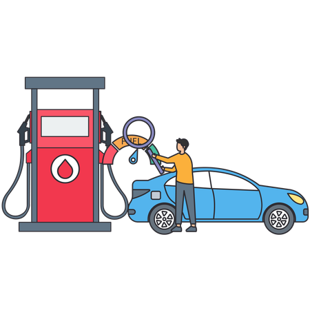 Hombre repostando combustible en el coche  Ilustración