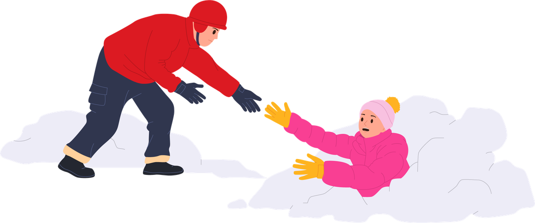 Hombre rescatista de invierno salvando la vida de una mujer cubierta de nieve después de una avalancha en el desierto de montaña  Ilustración