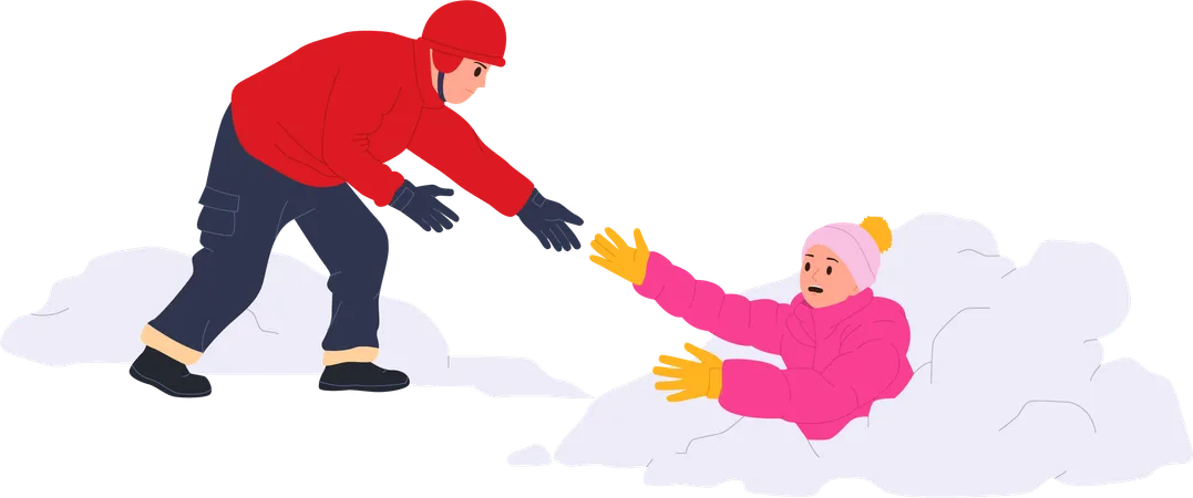 Hombre rescatista de invierno salvando la vida de una mujer cubierta de nieve después de una avalancha en el desierto de montaña  Ilustración