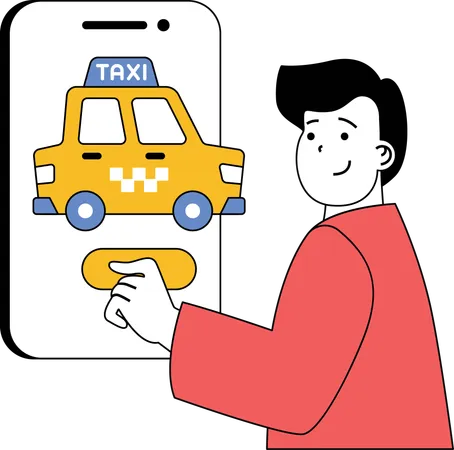 Hombre reservando un taxi en una aplicación móvil  Ilustración
