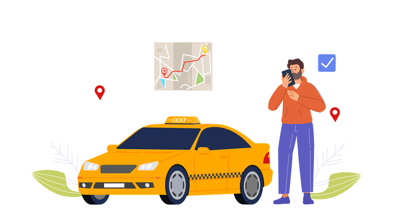 Un hombre reserva un taxi online para su viaje a su destino  Ilustración