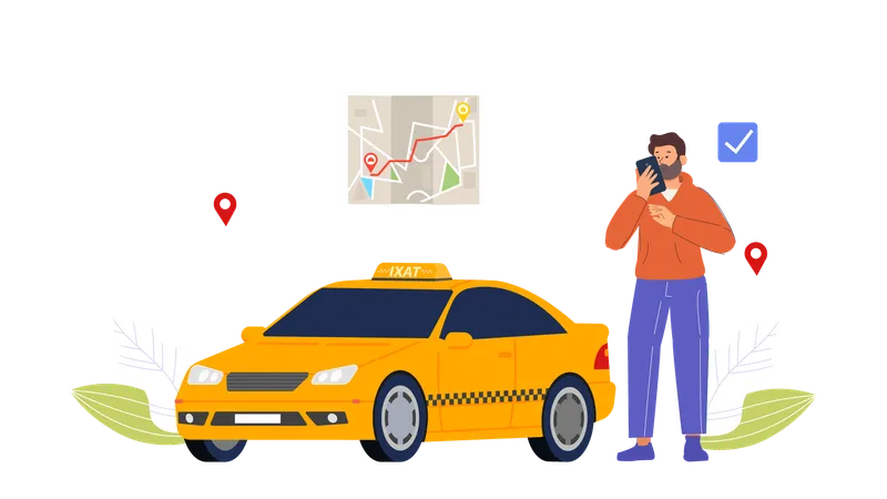 Un hombre reserva un taxi online para su viaje a su destino  Ilustración