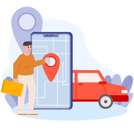 Hombre reservando un taxi a través de una aplicación móvil  Ilustración