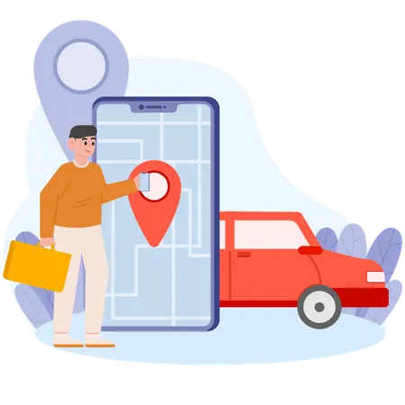 Hombre reservando un taxi a través de una aplicación móvil  Ilustración