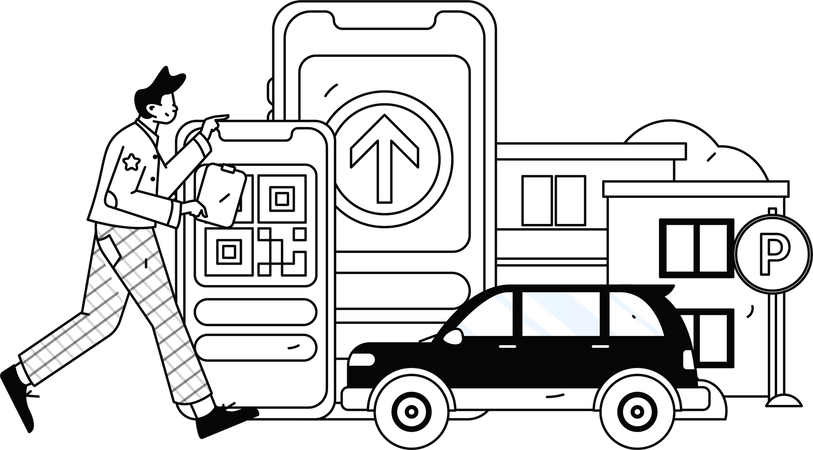 Hombre haciendo reserva de taxi mientras usa el móvil  Ilustración