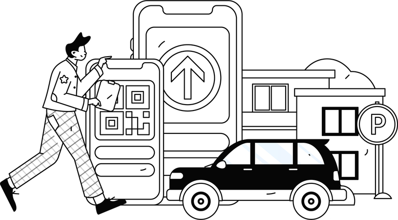 Hombre haciendo reserva de taxi mientras usa el móvil  Ilustración
