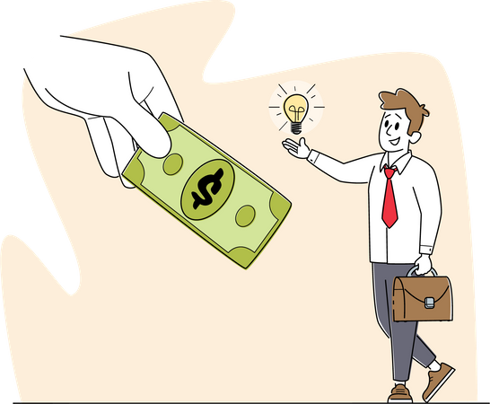 Hombre reuniendo dinero para una idea de negocio  Ilustración