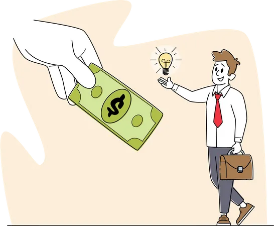 Hombre reuniendo dinero para una idea de negocio  Ilustración