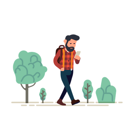 Hombre revisando su teléfono mientras camina  Ilustración