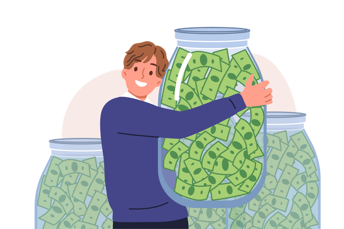 Hombre rico abraza un frasco de dinero regocijándose por la acumulación en la cuenta de pensión y recibe dividendos  Ilustración