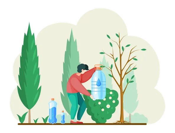 Hombre regando árbol con agua filtrada  Ilustración
