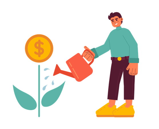 Hombre regando planta de dinero  Ilustración