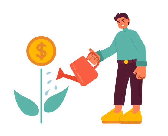 Hombre regando planta de dinero  Ilustración