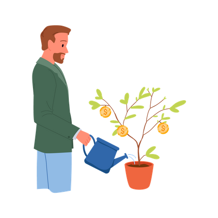 Hombre regando planta de dinero  Ilustración