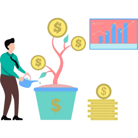 Hombre regar planta dólar  Ilustración