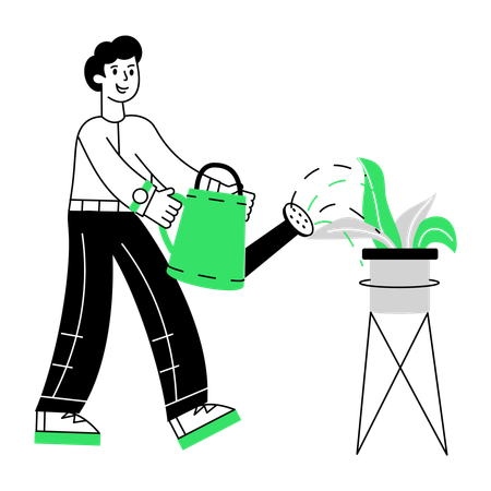 Hombre regar la planta usando lata de agua  Ilustración