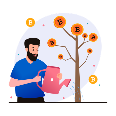 Hombre regando y cultivando árbol bitcoin  Ilustración