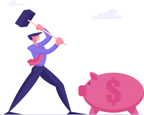 Hombre rompiendo ahorros  Ilustración