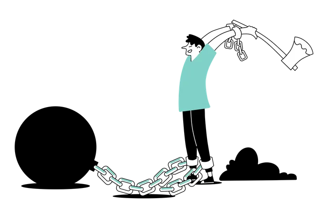 Hombre rompiendo cadena usando hacha  Ilustración
