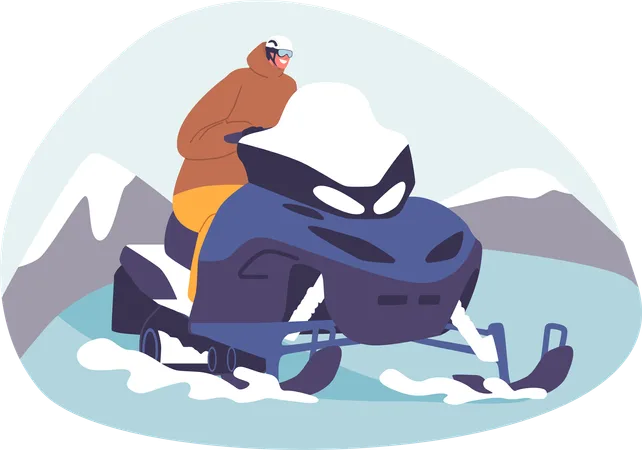 Hombre rugiendo a través del terreno helado en moto de nieve. El hombre conquista la extensión nevada, ilustración vectorial  Ilustración